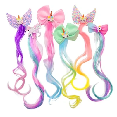 Imagen de Clips Pelo Niña, 6 Piezas Colorful Extensiones Clip para Niñas Pequeñas Hair de Rizado Unicornio Extensions Ponytail Princesa Lazos Horquilla Tocados