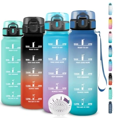 Imagen de Botella Agua 1 Litro, Agua, A Prueba de Fugas, Fácil Transportar, Cantimplora Infantil con Filtro, Marca Tiempo, para la Escuela, Senderismo, Oficina, Camping, Deportes