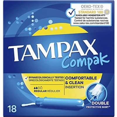 Imagen de Tampax Compak Tampones regulares con aplicador 18X, protección contra fugas y discreción, se siente limpio
