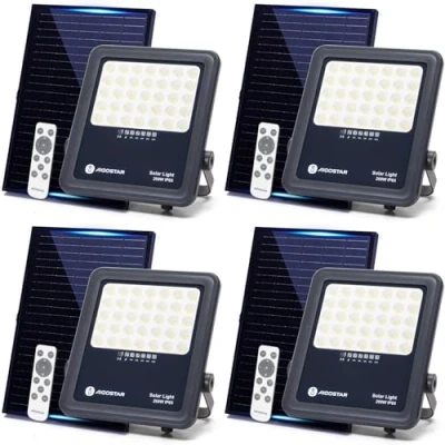 Imagen de Aigostar Foco proyector LED solar con control remoto 4 piezas,focos solare de 200W, 2000LM,luz blanca fría 6500K,IP65 impermeable Luz exterior,para jardín,terrazas,caminos,garajes,cable 2M
