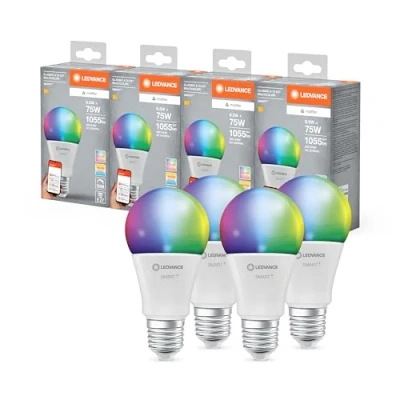 Imagen de LEDVANCE Lámpara LED SMART+ MATTER, compatible con Google, Alexa, Apple, aspecto esmerilado, 9,5W, 1055lm, base E27, función RGBW, luz blanca, control por app o voz, vida útil de hasta 20.000 horas
