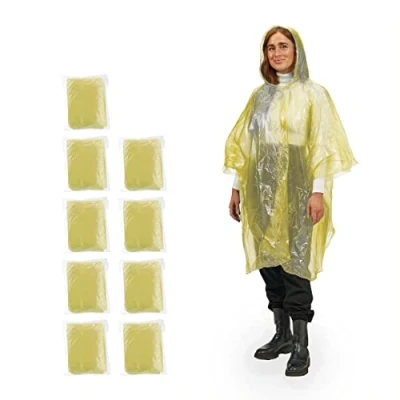 Imagen de Relaxdays Set de 10 Chubasqueros, Capa Lluvia Capucha, Poncho Impermeable Desechable, Hombre y Mujer, PE, Amarillo, 95 x 120 cm