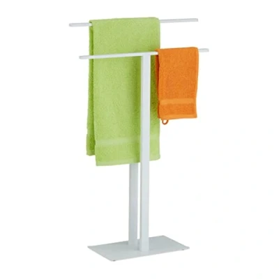 Imagen de Relaxdays Toallero de Pie con 2 Barras, Metal, 82 x 50 19 cm, Galán Noche en Diseño T, Portatoallas Doble, Blanco, Hierro