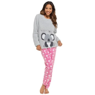 Imagen de undercover lingerie Conjunto de pijama invierno para mujer, forro polar, cálido, acogedor, suave, varios diseños, Koala gris, 40 42