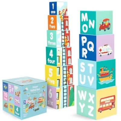 Imagen de boppi Bloques apilables para bebés con Letras y números, Cubos Montessori niños pequeños, Juguetes de Aprendizaje Preescolar Vehículos