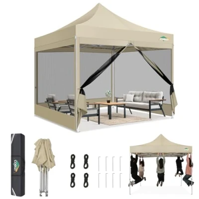 Imagen de COBIZI Carpa Plegable 3x3 con Mosquitera Pared Lateral,Impermeable Plegable,Carpas para Exteriores Pergola,Cenadores Jardin Camping Playa Bolsa de Transporte(3 por 3m Caqui)