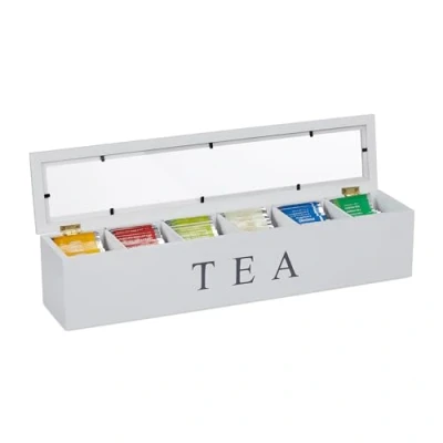 Imagen de Relaxdays Caja Té, 6 Compartimentos, Organizador Infusiones, Bambú, Acrílico, con Ventanilla, 9 x 43,5 cm, Blanco
