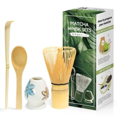 Imagen de Juego de 4 piezas matcha ceremonia japonesa, batidor bambú natural, cuchara bambú, pala portabatidor, caja para la del té, bebida blanco brillante/flor azul