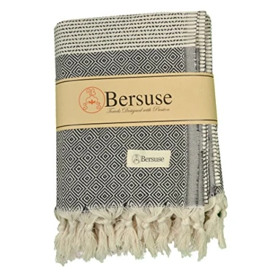 Imagen de Bersuse 100% Algodón Hierapolis XXL Manta Toalla Turca Multiusos Colcha de Cama, Funda Sofa Fouta para Baño y Playa Oeko Tex 152 x 242 cm, Negro