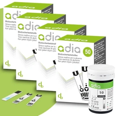 Imagen de Tiras reactivas de glucosa en sangre adia, 200 piezas, paquete precio reducido para el control la diabetes. (El glucómetro no está incluido)