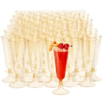 Imagen de MATANA 100 Copas de Champán Plástico con Brillo Dorado, 150ml Flautas Champagne, Cava, Vino Plastico Duro Reutilizable para Bodas, Cumpleaños, Fiestas