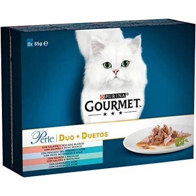 Imagen de Gourmet Purina Perle Mini Filetes en Salsa, Comida Húmeda para Gato con Buey, Pollo, Salmón y Conejo, 10 Paquetes de 8 Sobres 85g 80