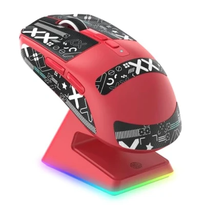 Imagen de VGN GAMEPOWER Attack Shark X6 Superlight Ratón Gaming Inalámbrico, Estación de Carga, 49g Ultraligero Mouse G502, 26000DPI, PixArt PAW3395, 2.4G/Bluetooth/Cableado, Cinta Antideslizante, Rojo