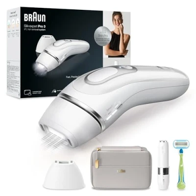 Imagen de Braun Silk·expert Pro 3 Depiladora Mujer Luz Pulsada IPL con varios cabezales para un tratamiento de pies a cabeza, Alternativa la Depilación Láser en Casa PL3139 , Blanca/Plateada
