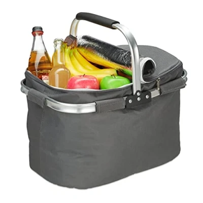 Imagen de Relaxdays Cesta Plegable Térmica, con Tapa, Asa, 27 L, Bolsa Compra, Pícnic, Camping, Poliéster, Aluminio, Gris