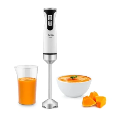 Imagen de Ufesa Solar Batidora de Mano, Potencia 1200W, 12 Velocidades + TURBO, 4 Cuchillas Acero Inoxidable, Diseño Ergonómico y Anti Salpicaduras, Vaso Medidor, Sin BPA