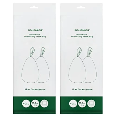 Imagen de SONGMICS Bolsas de Basura Resistentes, Cordón para Cubos Cocina 50 L, Preconfeccionadas, Código Bolsa 050A01, 2 Rollos, 80 Unidades, Blanco KRB050A02