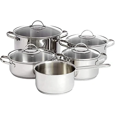 Imagen de Amazon Basics Juego de Ollas Inducción Acero Inoxidable 9 Piezas, con Tapas, Plateado