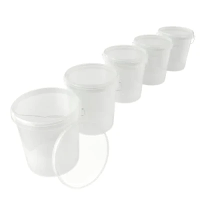 Imagen de 5 cubos con tapa de 16 litros transparentes, aptos para alimentos, herméticos y estables, vacíos asa productos químicos paredes, detergentes en polvo
