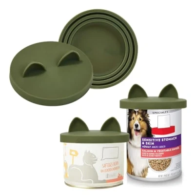 Imagen de OHMO Paquete de 2 tapas para latas comida perros, (3, 12, 14 onzas, etc.) tamaño universal, sin BPA, fundas silicona gatos y mascotas, verde camuflaje