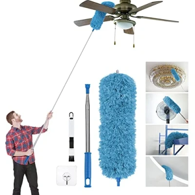 Imagen de Vicloon Plumero de Limpieza, Microfibra con 2 en 1 Ranuras Cepillo Extensible Ajustable Lavable 245cm Barra Telescópica para Ventanas Persianas Muebles Coches Azul Claro