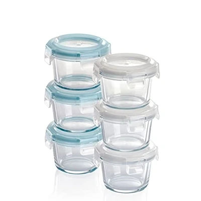 Imagen de Grizzly Recipientes de vidrio para almacenamiento alimentos bebés Mini platos a prueba horno con tapas 6 x 130 ml Redondo Hermético al aire y los líquidos