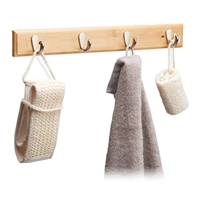 Imagen de Relaxdays Perchero Pared con 4 Ganchos, Bambú, Madera Natural, 6 X 48.5 5 Cm