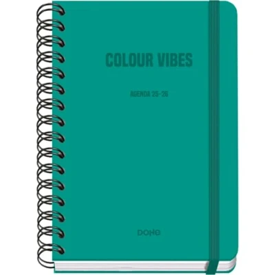 Imagen de Dohe Agenda Escolar 2025 2026 Semana Vista, Tamaño A5 (15x21 cm), Español e Inglés, Cierre de Espiral Doble y Goma, Tapa Dura, 4 Páginas Pegatinas COLOUR VIBES Verde
