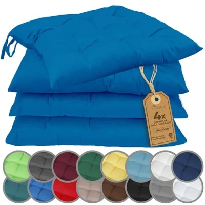 Imagen de NatureMark Paquete de 4 Cojines para Silla con Lazos, tamaño 40x40 cm, cojín Asiento Relleno, Azul Real