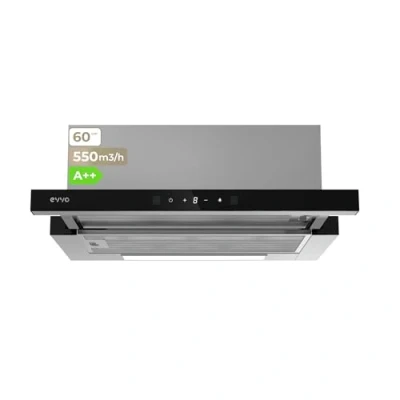 Imagen de EVVO Campana Extractora 60 cm Telescópica, Potencia 550 m3/h, Luz LED, Filtro Aluminio y Carbon, Control Gestual, Acabado Inox Frontal Cristal Negro, Eficiencia Energética A++, 3 Velocidades