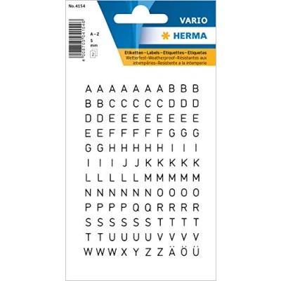 Imagen de HERMA 4154 letras negras, 240 unidades, tamaño de letra 5 mm, autoadhesivas, resistentes A la intemperie, miniletras del alfanet, Z lámina para pegar, transparente
