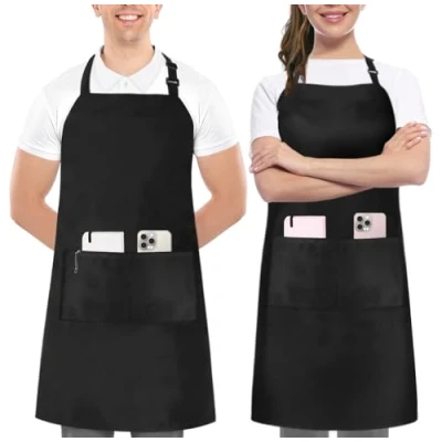 Imagen de Utopia Kitchen Pack de 2 delantales ajustables con bolsillos Delantal comercial para restaurante, hogar y cocina Correa cuello ajustable Corbatas extra largas