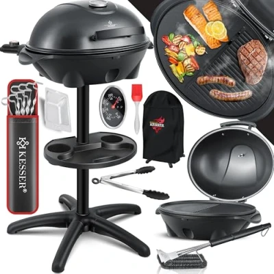 Imagen de KESSER® barbacoa eléctrica 2 en 1 con tapa y soporte, máx. 2400 W, incluye termómetro, cubierta para pinzas de barbacoa, antiadherente, XXL, parrilla columna