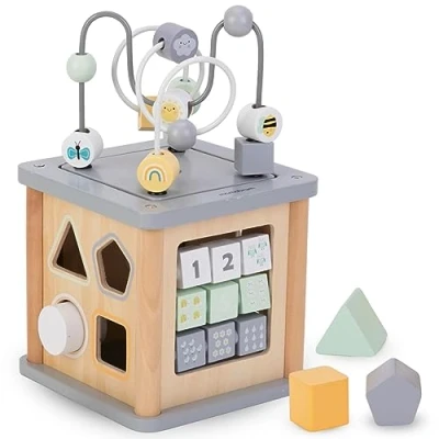 Imagen de Mamabrum, Cubo Educativo de Madera Anillo Motor, aprende a reconocer Sus Colores y Formas, Nombres Animales, Permite Practicar la destreza, motricidad Bebe