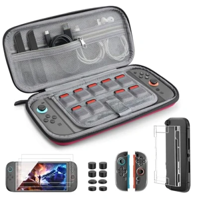 Imagen de TiMOVO Funda Protectora para Switch 2, 14 en 1 2 Accesorios Kit con de Transporte, PC, TPU JoyCon, Pack Protector Pantalla y 8 Protectores Pulgar, Rojo