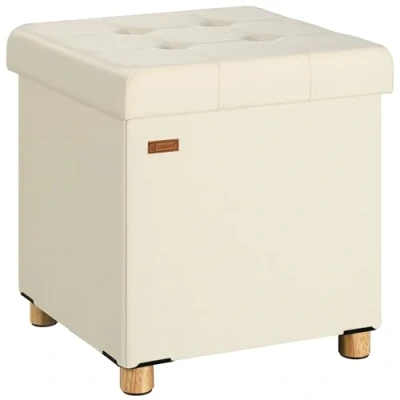 Imagen de CASARIA® Puff Almacenamiento Terciopelo Beige Plegable Incl. Pies 38x38cm Capacidad Carga 300kg Salón Dormitorio Pasillo Taburete Reposapiés