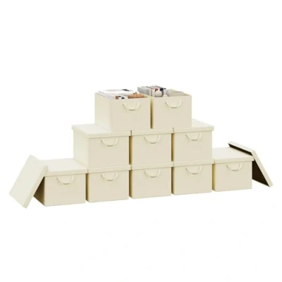 Imagen de WOLTU Cajas de Almacenaje con Tapa, Juego 10 Plegables, Organizadoras Asas, Tela, Cestas Resistentes para Ropa y Juguetes, Crema, 43x26x33 cm, ABB03cm