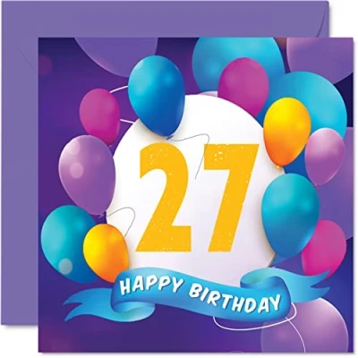 Imagen de Tarjeta de cumpleaños número 27 para hombres y mujeres, fiesta globos, tarjetas feliz hombre años, mujer, hermano, hermana, hijo, hija, tía, tío, amigo, primo, 145 mm,