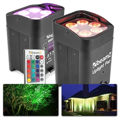 Imagen de BeamZ BBP96 Juego de 2 Proyectores Uplight con 6 LEDs 12W RGBAW Batería Modo WDMX, Función Maestro/Esclavo, aprox. 16 Horas Autonomía, Ideal para Arquitectura u Otros Eventos