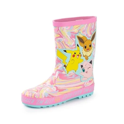 Imagen de Pokémon Botas de Agua para niñas niños con estampado personajes Pikachu, Eevee y Jigglypuff en rosa Infantiles Goma Resistentes al Efecto Mármol