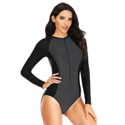 Imagen de Beachkini Traje de baño para Mujer con protección Solar, Manga Larga, Ropa Surf una Pieza Cremallera,Gris Negro,L