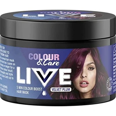 Imagen de Schwarzkopf LIVE Colour &amp; Care Máscara para el cabello, 5 minutos de lavado temporal, dura hasta 6 lavados terciopelo ciruela, 150 ml
