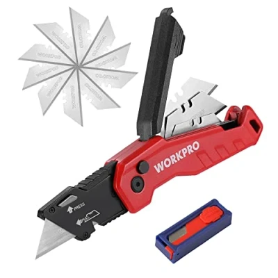Imagen de WORKPRO Cúter Plegable con Mango Aluminio Rojo, Cuchillo de Cambio Rápido, Almacenamiento Hoja y Clip para Cinturón, incluido 14 Hojas Cuchillas