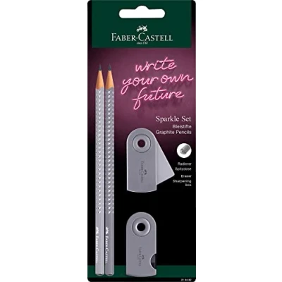 Imagen de Faber Castell 218482 Blister 2 láp. Sparkle perlado, goma y afila sleeve mini. gris moteado