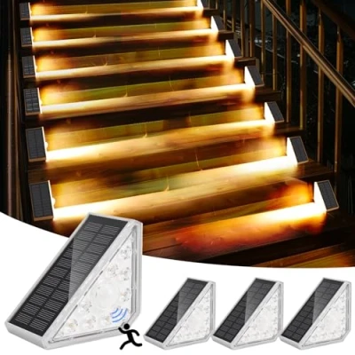 Imagen de GuKKK Luz de Escalera para Exterior, 4 Pack Blanco Cálido 3000K Luces Solares Exterior con Sensor, IP67 Impermeable Led Escaleras Patio, Escalones