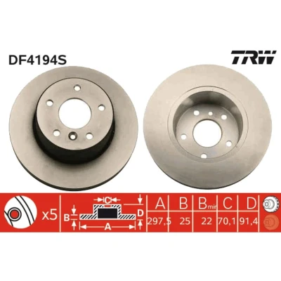 Imagen de TRW DF4194S Disco de freno 297,5 25 5 120 ventilado barnizado altamente carbonizado LAND ROVER: Discovery 2