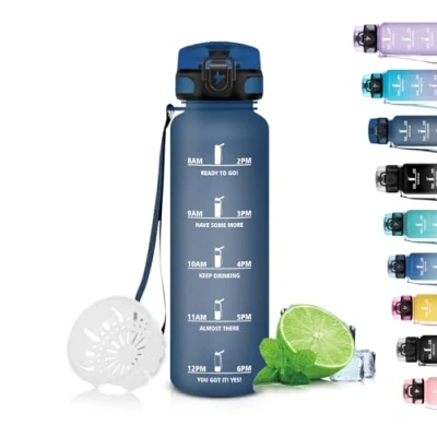 Imagen de Grsta Botella Agua, Agua Niños con Filtro, 500ml, Fácil de Limpiar, Motivacional a Prueba Fugas, Cantimplora para la Escuela, Oficina, Gimnasio, Naviblue