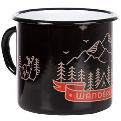 Imagen de MUGSY Wanderlust Taza esmaltada negra para senderismo y camping, resistente a la rotura, 330 ml