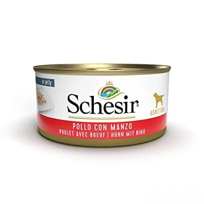 Imagen de Schesir, Comida húmeda para Perros Adultos, Sabor Pollo con Buey en gelatina Blanda Total 2,7 kg (18 latas x 150 gr)