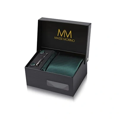 Imagen de Massi Morino Corbatas de hombre Verde Oscuro y pañuelos con gemelos, clip corbata set Accesorio traje modernas para boda